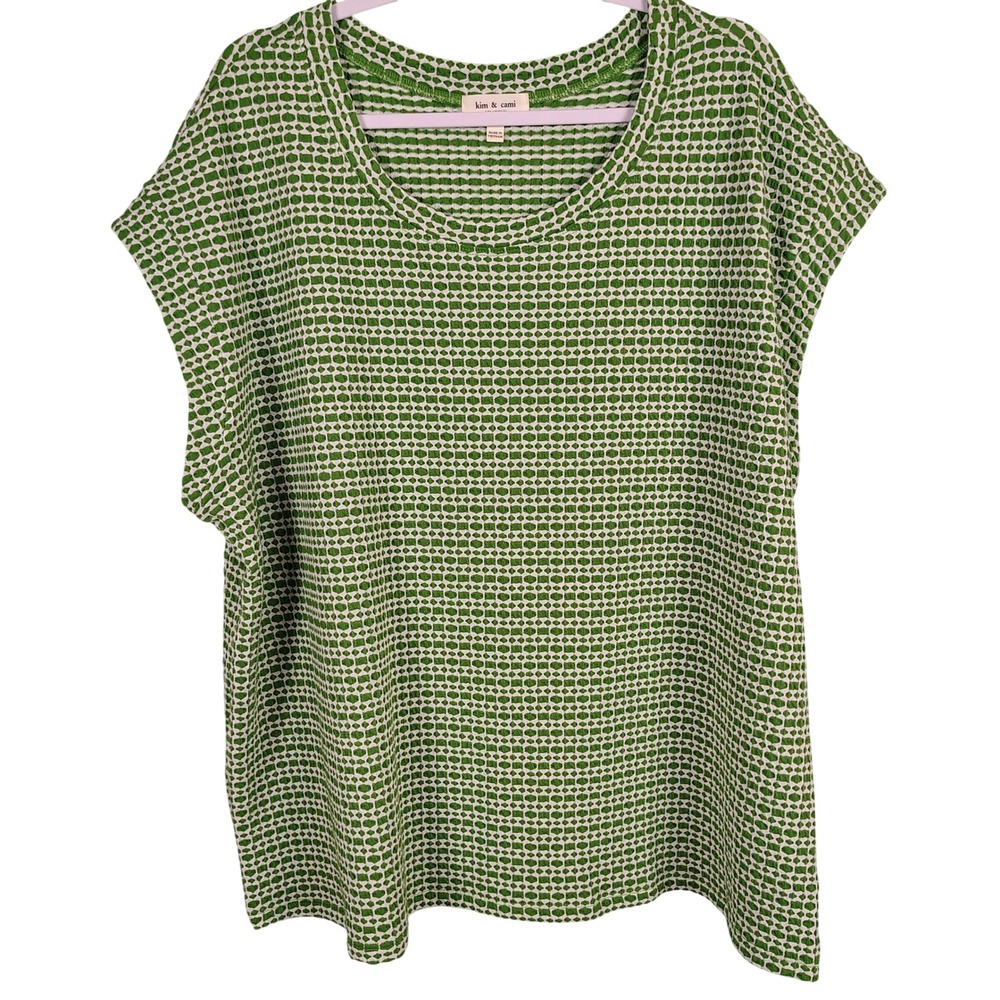Kim & Cami Womens 3X Top Green White Geometric Textured Knit Mod Retro